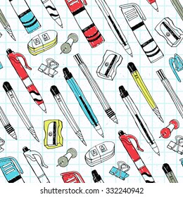 Stationery seamless pattern with pen, pencil, sharpener, marker, rubber. Vector illustration. Cloth design, wallpaper, wrapping.