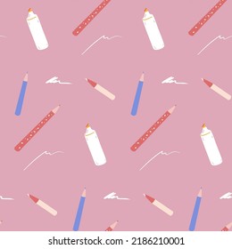 Stationery seamless pattern, pen and pencils, marker on pink background.