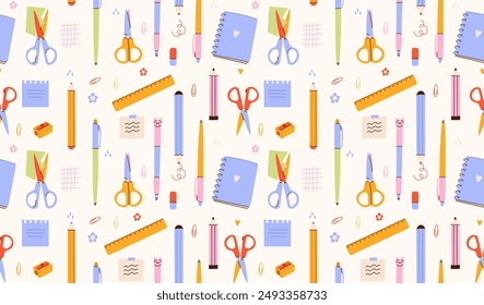 Stationery seamless pattern.School tools, supplies backdrop.Bright Office Supplies fabric.Various pencils,pens,scissors ect in a modern trendy style.Children's subjects.Vector illustration EPS10.