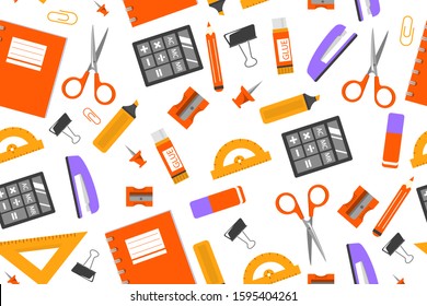 Stationery seamless vector pattern. Notebook, pencil, pen and scissors. School supplies set.