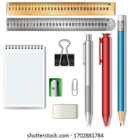Stationery set 3d objects isolated on white background vector clipart illustration, collection school office supplies items on table design mockup