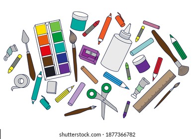 Stationery set. Artistic and office elements. Isolated colored elements.