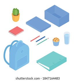 Stationery set with backpack. Isometric vector illustration in flat design. Working from home, office, doing homework, school, home school.
