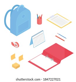 Stationery set with backpack. Isometric vector illustration in flat design. Working from home, office, doing homework, school, home school.