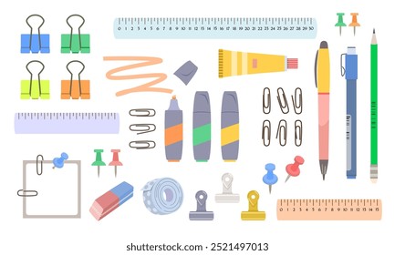 Stationery set, blank square paper form for taking notes, pens, pencil, markers, rulers, paper clips, push pins, glue, adhesive tape. Vector illustration on white isolated background in flat style.