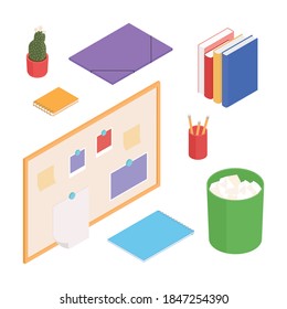 Stationery set with board. Isometric vector illustration in flat design. Working from home, office, doing homework, studing.