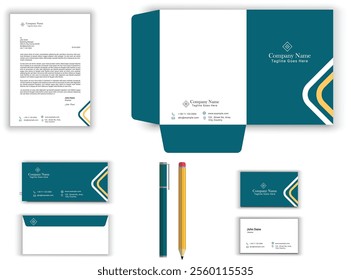 stationery set for business office vector design with letterhead, envelope, presentation folder, business card geometrical design stationary set