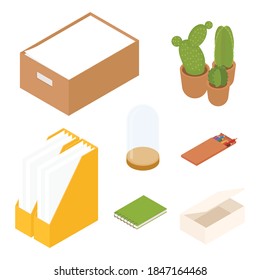 Stationery set with cacti. Isometric vector illustration in flat design. Working from home, office, doing homework.