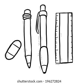 stationery set / cartoon vector and illustration, black and white, hand drawn, sketch style, isolated on white background.