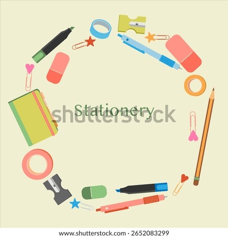 Stationery set, circular composition of pens, pencils, erasers, notebooks and clips. For school supplies design and education themes.