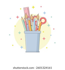 Stationery set in cup for creativity and education. Scissors, ruler, pencils, brushes vector illustration.