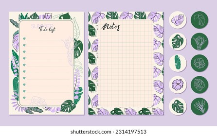 Conjunto de diseño decorado con elementos de plantas tropicales. Cuidada luz para hacer lista, notas y pegatinas con hojas y flores exóticas. Ilustraciones vectoriales para la planificación y la educación.