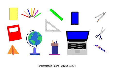 stationery set design, with laptop, smartphone, ruler, book, pencil, pen, and globe. School set icon vector isolated on white.