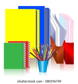Stationery Set with Different Office Accessories on the Desk. 3D Vector Illustration