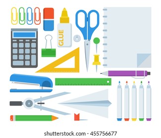 Stationery set of elements. Elementary school appliances collection. Education tools. Scissors, eraser and other study equipment.