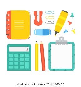 stationery set in flat style, back to school concept with notebook, pencils, marker, calculator and clipboard with empty paper list, flat style