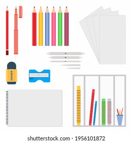 La decoración es de estilo plano. Herramientas de dibujo como lápiz, borrador, encuadernador de papel de dibujo, afilador de lápiz, lápiz de dibujo, lápiz colorido, etc. Equipamientos para artista, escuela. Ilustración del vector