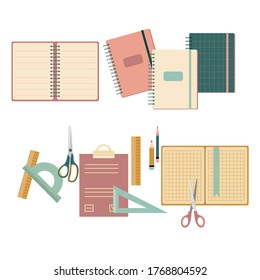Stationery set in flat style.Back to school concept with different size diary,open and closed notebook,exercise book,scratchpad.Colorful vector scissors,pencils,ruler, protractor,angle.Student tools