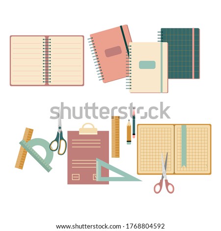 Stationery set in flat style.Back to school concept with different size diary,open and closed notebook,exercise book,scratchpad.Colorful vector scissors,pencils,ruler, protractor,angle.Student tools