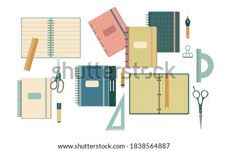 Stationery set in flat style.Back to school concept with different size diary,open and closed notebook,exercise book,scratchpad.Colorful vector scissors,pencils,ruler, protractor,angle.Student tools