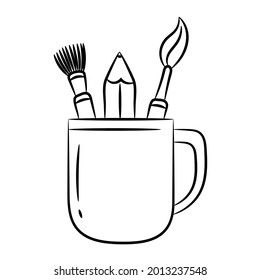 Stationery set in a glass, Ballpoint pen, pencil and brush vector illustration, with hand drawn sketching design