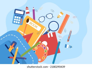 Stationery Set with Globe, Backpack, Book, Notebook, Ruler, Pencil, Pen, Calculator, Magnifying Glass or Scissors in Flat Cartoon Illustration