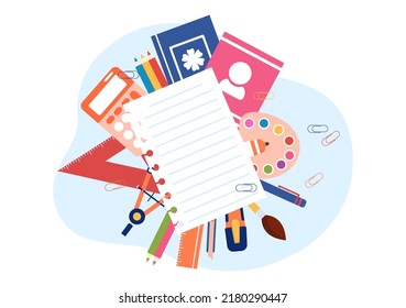 Stationery Set with Globe, Backpack, Book, Notebook, Ruler, Pencil, Pen, Calculator, Magnifying Glass or Scissors in Flat Cartoon Illustration