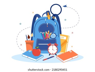 Stationery Set with Globe, Backpack, Book, Notebook, Ruler, Pencil, Pen, Calculator, Magnifying Glass or Scissors in Flat Cartoon Illustration
