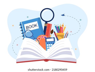 Estacionamiento con Globe, mochila, libro, bloc de notas, regla, lápiz, pluma, calculadora, vidrio de aumento o tijeras en ilustración de caricatura plana