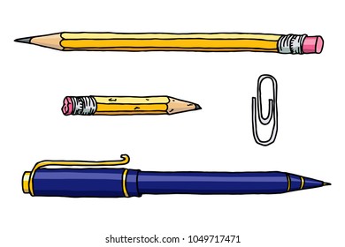 Stationery set hand drawn vector doodle illustration. Pencils, pen and clip collection isolated over white.