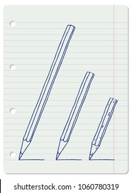 Stationery set hand drawn vector doodle illustration. Three pencils drawing lines collection in blue outline over squared notebook sheet.