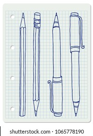 Stationery set hand drawn vector doodle illustration. New and old pencils and pens collection in blue outline over squared notebook sheet.