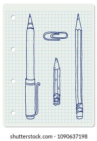 Stationery set hand drawn vector doodle illustration. New and old pencils, pen and clip collection in blue outline over squared notebook sheet.