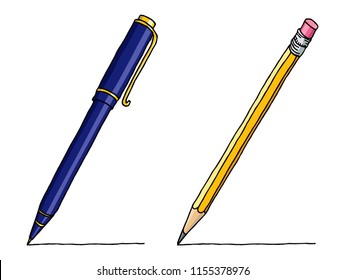 Stationery set hand drawn vector doodle illustration. Graphite pencil and ballpoint pen collection isolated over white.