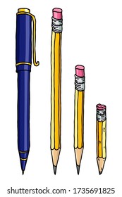 Stationery set hand drawn vector doodle illustration. Graphite pencils and a ballpoint pen isolated over white.