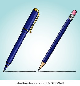 El diseño de estado estableció la ilustración del doodle vectorial dibujada a mano. Un lápiz y un bolígrafo sobre el azul claro.