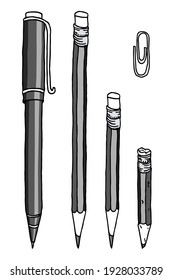 Stationery set hand drawn vector doodle illustration. Pencils and a pen monochrome collection isolated over white.