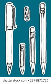 Stationery set hand drawn vector doodle illustration. Pencils and a pen paper cut collection isolated over teal blue.