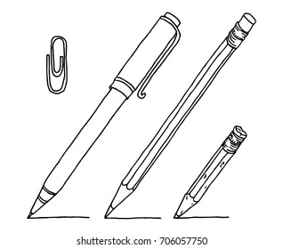 Stationery set hand drawn vector doodle illustration. Pencils, pen and clip in black isolated over white.