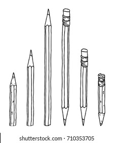 Stationery set hand drawn vector doodle illustration. Pencils collection in black contour isolated over white.