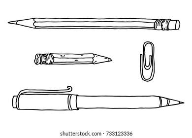 Stationery set hand drawn vector doodle illustration. Pencil, pen and clip in black isolated over white.