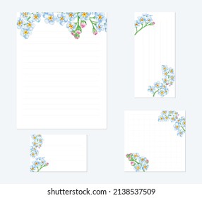 stationery set with hand painted watercolor illustration of forget me not, for letter, memo, card