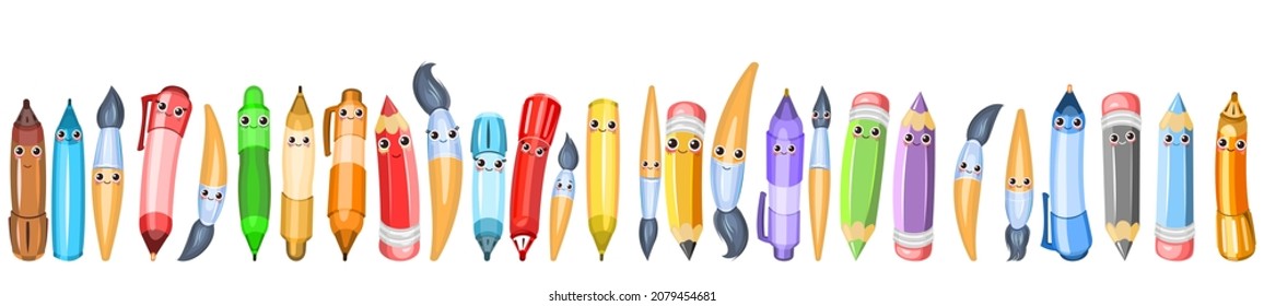 Stationery set. Horizontal composition for the border. Pencils and brushes characters. Items for creativity. Ballpoint and gel pens. Isolated on white background. Cheerful cartoon style. Vector