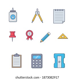 Stationery set icons. Book, notebook, ruler, knife, folder, pencil, pen, calculator, scissors, paint tape file Office supply school Office and education equipment Vector illustration flat style