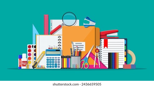 Stationery set icons. Book, notebook, ruler, knife, folder, pencil, pen, calculator, scissors, paint tape file Office supply school Office and education equipment Vector illustration flat style