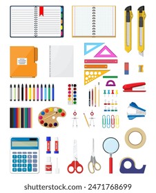 Iconos del conjunto de diseños de fondo. Libro, cuaderno, Regla, cuchillo, carpeta, lápiz, pluma, calculadora, tijeras, archivo de cinta de pintura Escuela de suministros de oficina y equipo de educación Ilustración vectorial estilo plano