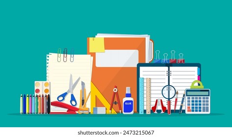 Iconos del conjunto de diseños de fondo. Libro, cuaderno, Regla, cuchillo, carpeta, lápiz, pluma, calculadora, tijeras, archivo de cinta de pintura Escuela de suministros de oficina y equipo de educación Ilustración vectorial estilo plano