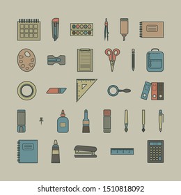 Stationery set of icons. Color vector illustration on a gray background.