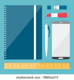 Stationery set illustration for blog of writer or photographer, design for girls. Vector graphic in business woman style