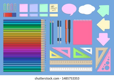 Stationery, set of images: paper clips, colored pencils, ballpoint pens, eraser, notepad, stickers, felt-tip pens, rulers, triangles. Items for school and office, elements for design. Vector.